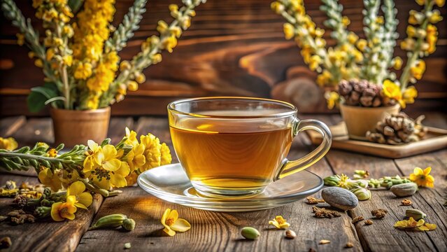 Warm and soothing, a fragrant cup of mullein tea sits on a rustic wooden table, surrounded by dried mullein flowers and soft, natural light.