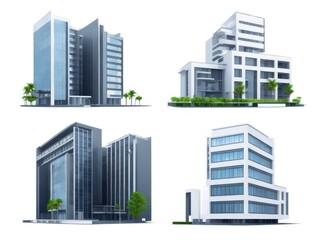 Different styles of modern buildings isolated on white background, high rise buildings.