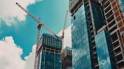 Tower cranes on the construction buildings