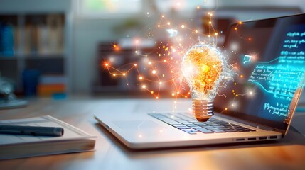 Laptop with glowing light bulb and network connection, concept of new ideas and innovation.