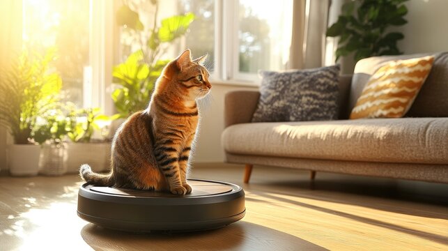 A curious tabby cat sitting on a robotic floor cleaner, gliding across a wooden floor in a bright, sunlit living room with a modern sofa. - Powered by Adobe