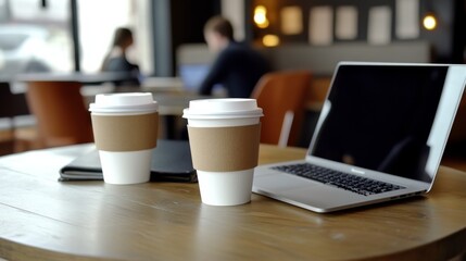 Two Coffee Cups and a Laptop on a Wooden Table in a Cafe