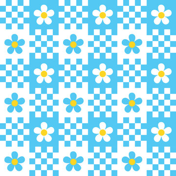 Cute seamless groovy flower and checkered style pattern