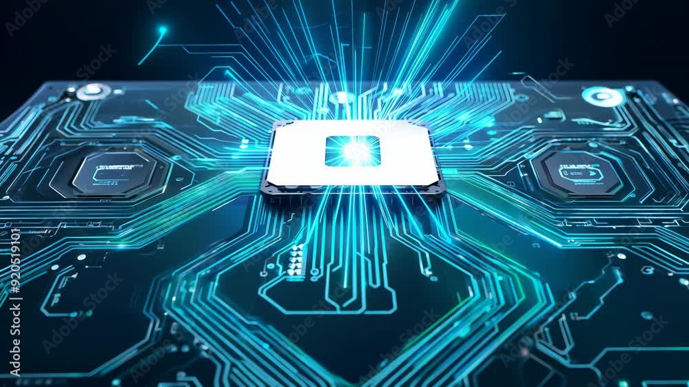 Poster concept animation showing a high-tech processor on a digital circuit board