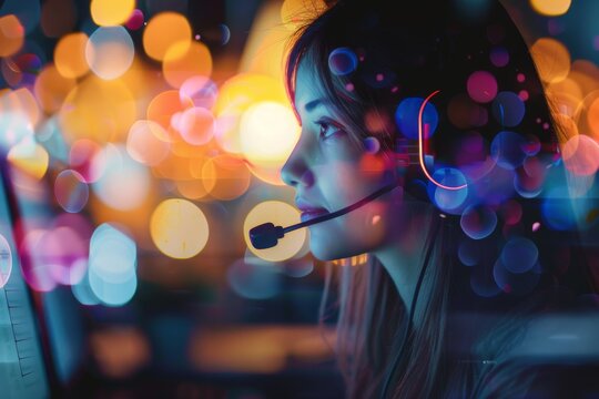 Calm customer service representative handling multiple customer inquiries simultaneously with bokeh effect, AI generated