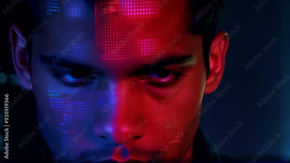 Poster young man focuses on computer screen while coding in a dark setting at night
