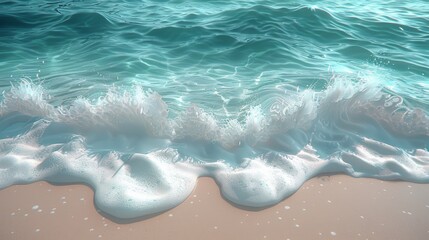 Waves gently lapping against a sandy beach at midday, showcasing the serene beauty of clear turquoise water