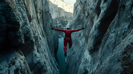 A wingsuit flyer slicing through a narrow canyon with the canyon walls reflecting the late afternoon sun, capturing the flyer’s entire body and the tight squeeze between the rocks.


