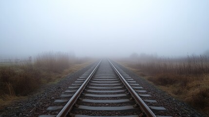 Fototapeta premium A foggy railway track extending far into the distance, enveloped in mist, evoking a sense of solitude and mystery.