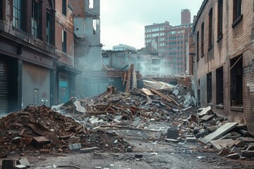 A substantial heap of debris in an urban setting, with buildings in the background, illustrating the effects of destruction, Buildings reduced to piles of rubble, Ai generated