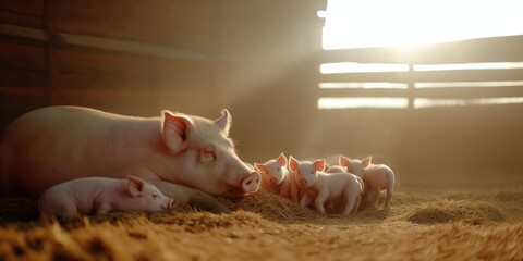 A sow is laying in it's pen with several of its piglets all gathered around