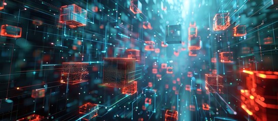 Futuristic Digital Blockchain Network with Glowing Cubes and Data Connections