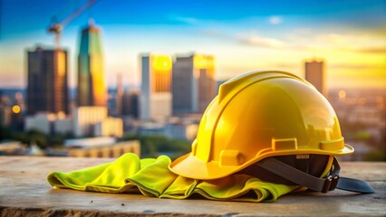Yellow hard hat and safety vest lying on a construction site with a blurred cityscape background, emphasizing the importance of safety services on site.