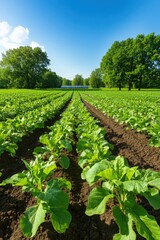 Lush green fields of young crops stretching under a bright blue sky at midday
