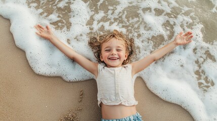 A joyful child lying on the beach, arms and legs spread wide, creating a sand angel, with waves gently lapping in the background.