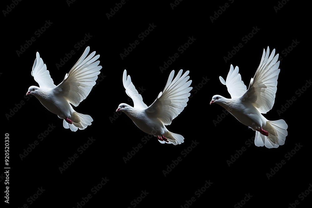 Poster Three White doves flying on black background and Clipping path .freedom concept and international day of peace