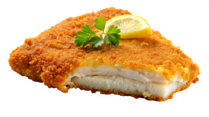 A fried fish fillet with a flaky, moist interior and a crispy, golden-brown crust.