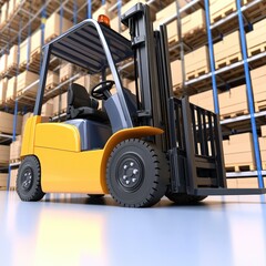 Yellow forklift navigating a bustling warehouse filled with stacked boxes