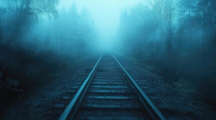 Fototapeta premium A lonely railway track surrounded by dense fog, leading into the unknown, with a moody, atmospheric feel.