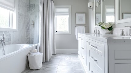 A luxurious bathroom with a marble shower curtain, white vanity, and grey tile flooring, showcasing a blend of elegance and functionality.