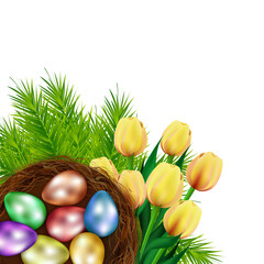 Top View of Colorful Glossy Eggs in Nest with Tulip Flowers on Green Leaves Decorated Png Background and Copy Space.