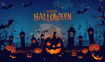 Fototapeta premium black scary graveyard with black and orange pumpkin and bats flying in air with text Happy Halloween BACKGROUND