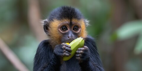 Fototapeta premium A De Brazza's monkey eating food 