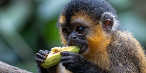 Fototapeta premium A De Brazza's monkey eating food 