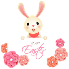 Cute Cartoon Bunny Character Showing Paper of Happy Easter and Decorative Flowers on Png Background.