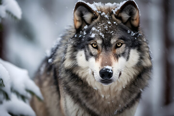 Fototapeta premium Primal Majesty: A Captivating Close-Up Portrait of a Lone Grey Wolf Amidst Snowy Wilderness