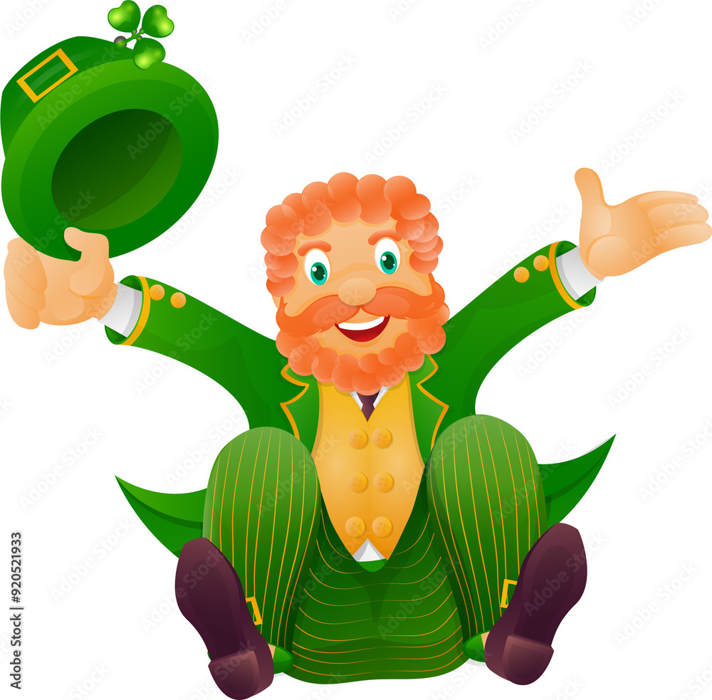 Canvas Prints Cartoon Character Illustration of Happy leprechaun man with cap in sitting pose.