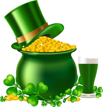 Illustration of Leprechaun hat on gold money coin pot beer glass and shamrock leaves for st patrick's day element png vector.