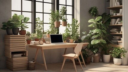 Design workspace with plants, books and laptop on table
