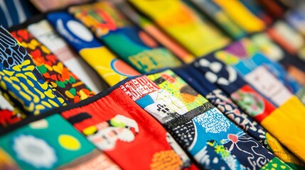 A vibrant e-commerce marketplace showcasing diverse global products, with a close-up of product tags featuring different languages and currencies. 