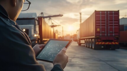 A person uses a tablet to monitor logistics at a cargo terminal during sunset