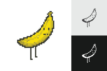 Banana pixel art character set collection. 8-bit sprite. Game development, mobile app. Isolated vector illustration