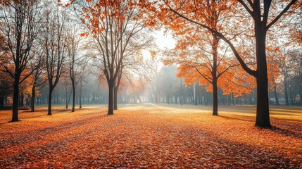 Fototapeta premium A serene autumn park landscape with fallen leaves carpeting the ground, bare trees standing tall, and soft sunlight filtering through.