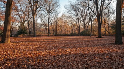 A serene autumn park landscape with fallen leaves carpeting the ground, bare trees standing tall, and soft sunlight filtering through.