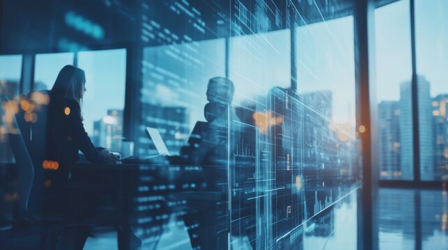Digital Business Meeting -  Silhouettes of Business Professionals Collaborating in a Modern Office with a Futuristic Interface Overlay
