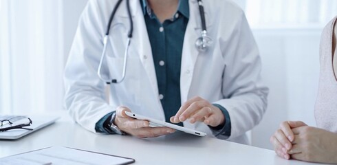 Doctor and a patient. The physician, wearing a white medical coat over a green shirt, is using tablet computer during a consultation in the clinic. Medicine concept