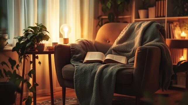 A snug reading corner with a soft blanket draped over a chair, a book open on a side table, and warm, ambient lighting.