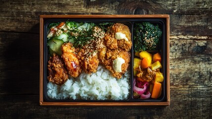 A beautifully presented bento box with rice, vegetables, and fried chicken, leaving plenty of room for copy.