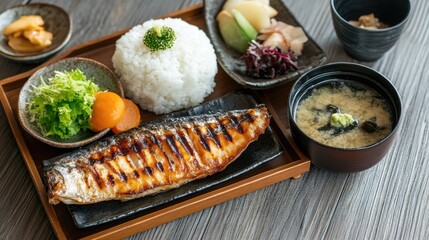 A traditional Japanese set meal with rice, grilled fish, miso soup, and pickles, leaving plenty of copy space.