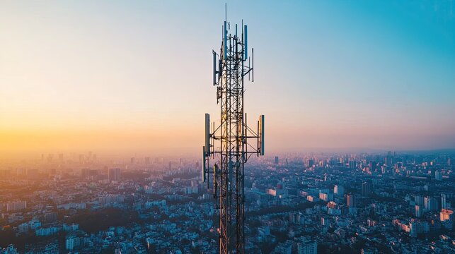 A tall telecommunication tower equipped with 5G antennas, set against a clear blue sky with a cityscape in the background.