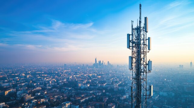 A tall telecommunication tower equipped with 5G antennas, set against a clear blue sky with a cityscape in the background.