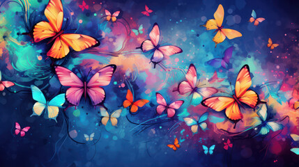 Vibrant and colorful background with butterflies. Colorful wallpaper. Dynamic effect.