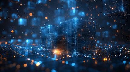 Fototapeta premium A abstract design with multiple glowing blue and orange cubes in a dark blue background.