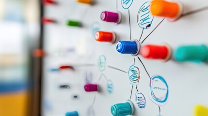 A vibrant business strategy mind map on a whiteboard, with colored markers highlighting key points and connections, ideal for brainstorming visuals.