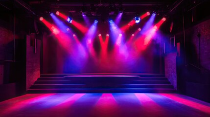 A vibrant stage scene with bold red and purple lights casting dynamic shadows, setting the tone for a dramatic performance.