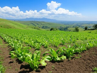 Verdant lettuce field stretches across rolling hills under a bright blue sky in daytime